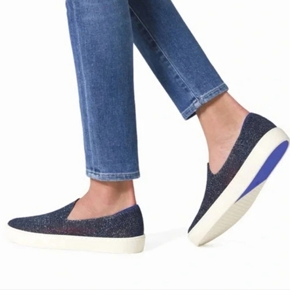 Rothy's SPECIAL EDITION Slip On Sneakers Lattice Stitch Blue and Neon Pink 9